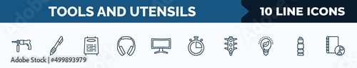 set of 10 tools and utensils web icons in outline style. thin line icons such as hammer drill, writing tools, daily specials board, headphone variant, screen in black, stopwatch, semaphore lights,