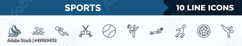 set of 10 sports web icons in outline style. thin line icons such as ice skates, swimming figure, man doing pushups, medieval fencing, tennis sport ball, taekwondo, volleyball motion, football ball