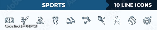 set of 10 sports web icons in outline style. thin line icons such as hockey arena, breakdance, waterpolo, drift car, roller skate, weighted bars, squash, exercise ball vector illustration.