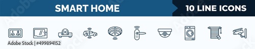 set of 10 smart home web icons in outline style. thin line icons such as meter, intercom, cd player, autonomous car, fire alarm, smart lock, security camera, jalousie automation vector illustration.