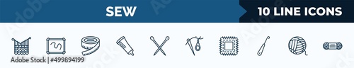 set of 10 sew web icons in outline style. thin line icons such as handloom, drawing board, measuring, glue stick, knitting neddles, threading, patch, yarn vector illustration.
