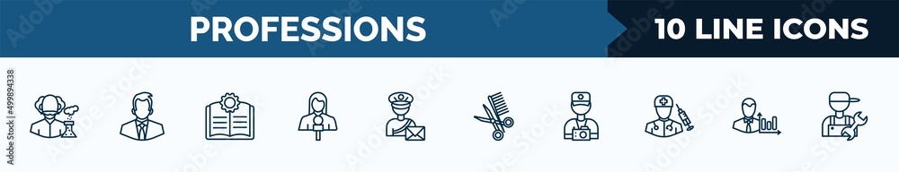 set of 10 professions web icons in outline style. thin line icons such ...