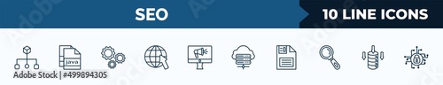 set of 10 seo web icons in outline style. thin line icons such as aorithm, , cogwheel, website, advertising, hosting, floppy disk, data storage vector illustration.