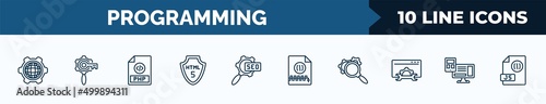 set of 10 programming web icons in outline style. thin line icons such as cyberspace, seo keywords, php, html5, seo configuration, archive, optimization, adaptive layout vector illustration.