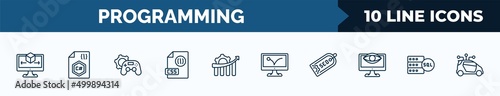 set of 10 programming web icons in outline style. thin line icons such as simulation, c sharp, game development, css file format, seo growth, advertising bounce, seo tags, mysql vector illustration.