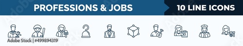 set of 10 professions & jobs web icons in outline style. thin line icons such as judge, baseball player, reporter, pirate, bouncer, model, guitar player, policewoman vector illustration.