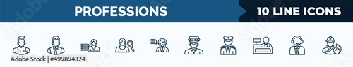 set of 10 professions web icons in outline style. thin line icons such as doctor, office worker, librarian, hr specialist, telemarketer, taxi driver, captain, callcenter vector illustration.
