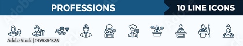 set of 10 professions web icons in outline style. thin line icons such as showman, fireman, miner, engineer, mechanic, cooker, secretary, president vector illustration.