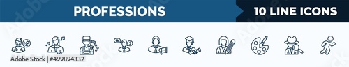 set of 10 professions web icons in outline style. thin line icons such as podiatrist, singer, painter, financial advisor, marketing manager, graduated, writer, detective vector illustration.