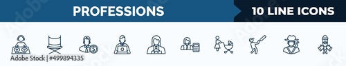 set of 10 professions web icons in outline style. thin line icons such as dj, director, accountant, programmer, lawyer, mathematician, baby sitter, hunter vector illustration.