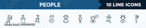set of 10 people web icons in outline style. thin line icons such as give flower, speaker in a conference, girl running, recovery, pierrot, vertical, monologue, japanese geisha vector illustration.