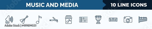 set of 10 music and media web icons in outline style. thin line icons such as low volume speaker, balalaika, eighth note, clave, music store, stave, timpani, photo camera vector illustration.