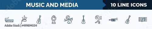 set of 10 music and media web icons in outline style. thin line icons such as melodica, bagpipes, ukelele, webcam video call, segno, acoustic guitar, octave clef, acoustic vector illustration.