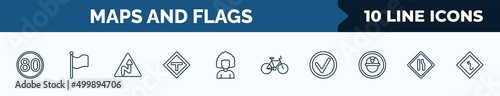 set of 10 maps and flags web icons in outline style. thin line icons such as 80 speed limit, plain flag, right reverse curve, t road intersection, women hairstylist, bicycle, mark, narrow right lane