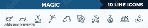 set of 10 magic web icons in outline style. thin line icons such as levitation, dust, acrobatic, magic, fetters, tarot, voodoo, magic book vector illustration.