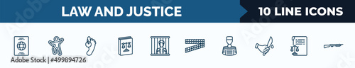 set of 10 law and justice web icons in outline style. thin line icons such as immigration, crime scene, corpse, labour and social law, guilty, police line, prisoner, documents vector illustration.