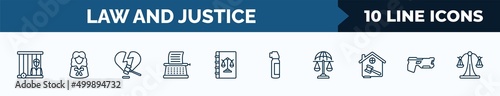 set of 10 law and justice web icons in outline style. thin line icons such as prisioner, attorney, divorce, stenographer, law book, pepper spray, international law, electroshock weapon vector