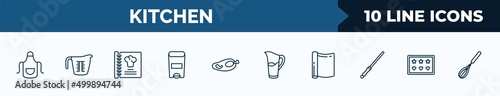 set of 10 kitchen web icons in outline style. thin line icons such as apron, measuring cup, recipe, trash, broiler, pitcher, aluminum foil, molded vector illustration.