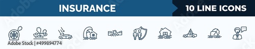 set of 10 insurance web icons in outline style. thin line icons such as puncture in a wheel, overturned vehicle, hail on the car, tsunami insurance, rear end collision, family insurance, flooded