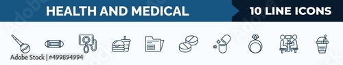 set of 10 health and medical web icons in outline style. thin line icons such as enema, medical mask, blood pressure gauge, fast food, records, pills, antibiotics, optometrist vector illustration.