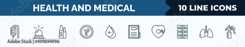 set of 10 health and medical web icons in outline style. thin line icons such as medical drip, emergency, ampoule, medical, blood drop, book, beat, lung vector illustration.
