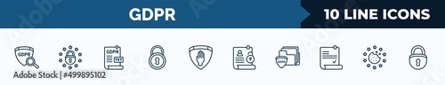 set of 10 gdpr web icons in outline style. thin line icons such as transparency, eu, text file, key, right to objection, right to access, portfolio, cookie vector illustration.