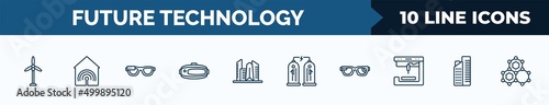 set of 10 future technology web icons in outline style. thin line icons such as eolic energy, smart house, ar glasses, vr glasses, cityscape, teleportation, smart glasses, residential vector