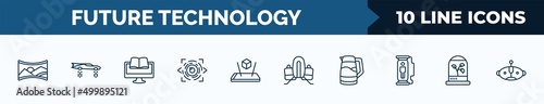 set of 10 future technology web icons in outline style. thin line icons such as panoramic view, flying car, online learning, eye scan, augmented reality, jetpack, kettle, incubator vector