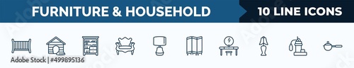 set of 10 furniture & household web icons in outline style. thin line icons such as crib, pet house, shelf, fauteuil, table lamp, room divider, lowboy, sump pump vector illustration.