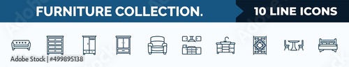set of 10 furniture collection. web icons in outline style. thin line icons such as sofa, dresser, wardrobe, clo, armchair, kitchen furniture, kitchen sink, table with chair vector illustration.