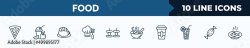 set of 10 food web icons in outline style. thin line icons such as goiabinha, smoothies, sushi prawn, chef cooking on stove, canape, bowl of food, disposable paper cup, toffee vector illustration.