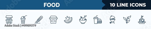 set of 10 food web icons in outline style. thin line icons such as popcorn shop, plastic drinking cup, paper knife, canjica, melon slice, fruit salad, hamburguer & drink, herb vector illustration.