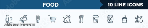 set of 10 food web icons in outline style. thin line icons such as wine glass and bottle, japanese tea pot, ice lolly, cart graphic, night camping, knife and fork, coffe cup, tea cup of japan vector