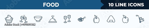 set of 10 food web icons in outline style. thin line icons such as mayonnaise, glasses of wine, empty bowl, hotel service, stemware, sushi dish, with leaf, fruit vector illustration.