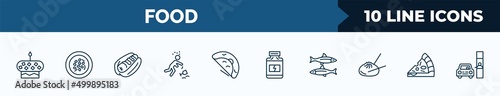 set of 10 food web icons in outline style. thin line icons such as cake with one candle, shuizhu, hot dog with mustard, alcoholic, oyster omelette, protein container, sardines, pizza slice cut