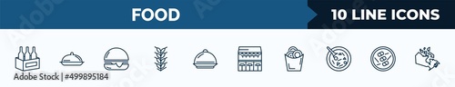 set of 10 food web icons in outline style. thin line icons such as wine bottles in a box, salver, hamburger with bacoon, ear of wheat, covered food tray, cafe bar, onion rings, vector