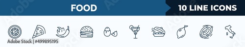 set of 10 food web icons in outline style. thin line icons such as fuqi feipian, triangular pizza slice, hot chilli pepper, burguer, eggs sillhouettes, cocktail on a glass, foods, milky vector