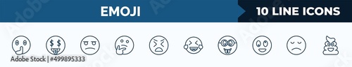 set of 10 emoji web icons in outline style. thin line icons such as quiet emoji, rich emoji, suspicious thinking stress laughing nerd disappointed vector illustration.