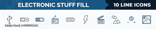 set of 10 electronic stuff fill web icons in outline style. thin line icons such as usb connection, battery almost full, half battery, radio, full battery, blitz flash, clapperboard, brightness