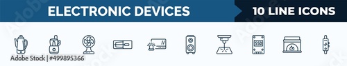 set of 10 electronic devices web icons in outline style. thin line icons such as pertor, food processor, electric fan, mourap, burglar alarm, speakers, laser hine, furnace vector illustration.