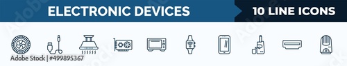 set of 10 electronic devices web icons in outline style. thin line icons such as turbine, connector, exhaust hood, sound card, convection oven, smartwatch, cell phone, hdmi vector illustration.