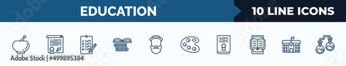 set of 10 education web icons in outline style. thin line icons such as punch bowl, diploma, exam, books, robinson crusoe, paint palette, thesis, school vector illustration.