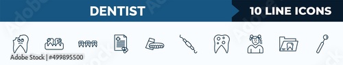 set of 10 dentist web icons in outline style. thin line icons such as cavities, dental plaque, dental brackets, medical prescription, denture, periodontal scaler, bicuspid, dental folder vector