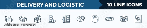 set of 10 delivery and logistic web icons in outline style. thin line icons such as delivery by bike, unpacking, supply chain, on door delivery, door, time, box, post office vector illustration.