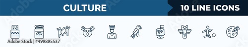 set of 10 culture web icons in outline style. thin line icons such as turron, vegemite, capoeira brazil dancers, australian koala, nefertiti, aw on a branch, cake with a flag, brazil soccer player