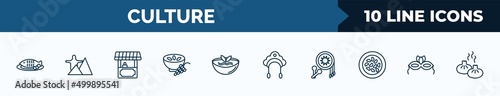 set of 10 culture web icons in outline style. thin line icons such as cantonese fish, rio de janeiro, food stall, ajoblanco, gazpacho, kokoshnik, native american drum, brazil carnival mask vector