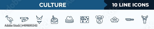 set of 10 culture web icons in outline style. thin line icons such as australian emu, chorizo, female bikini piece, crema catalana, cork hat, australian flag, chimp face of brazil, knife in sheath