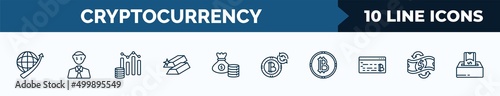 set of 10 cryptocurrency web icons in outline style. thin line icons such as economy, greed, budget diagram, gold, funds, random, bitcoins, currency circulate vector illustration.