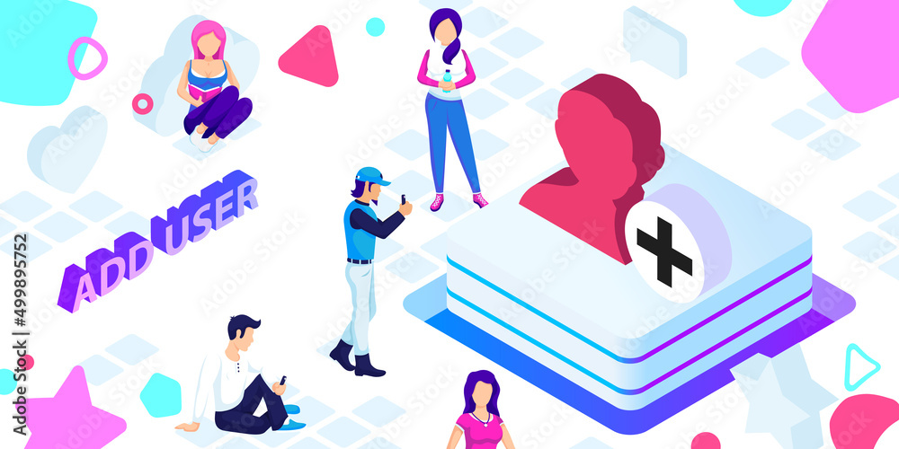 Fototapeta premium Add user isometric design icon. Vector web illustration. 3d colorful concept
