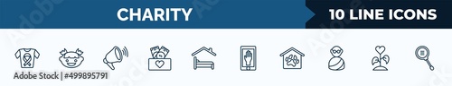 set of 10 charity web icons in outline style. thin line icons such as clothes donation, smiley face, loudspeaker, cash box, shelter beds, charity app, shelter, plant heart vector illustration.